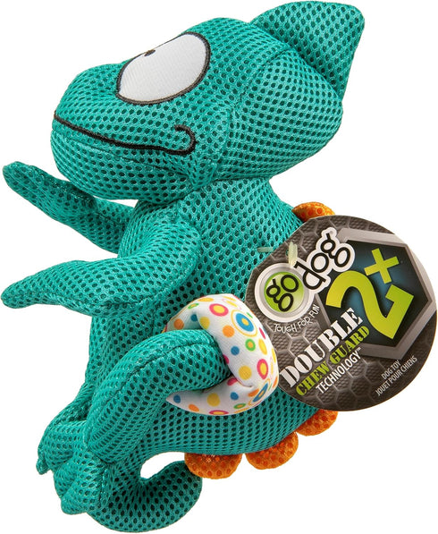 goDog Double Chew Guard Mesh Amphibianz Chameleon Squeaky Dog Toy - Teal, Large