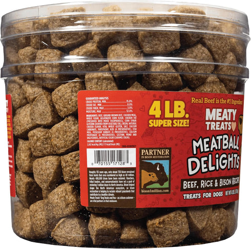 4 lb Meaty Treats Meatball Delights Beef, Rice, and Bison Recipe Meatballs Dog Treats, Tub