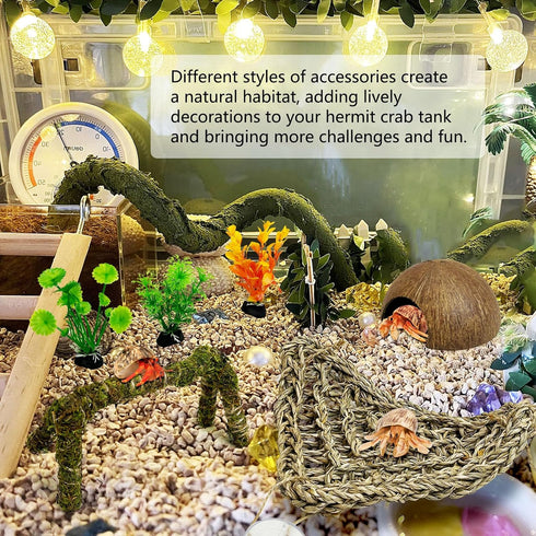 6 PCS Hermit Crab Climbing Toys Large Bendable Moss Hermit Crab Climbing Toys Coconut Hideout Hut Plants with Suction