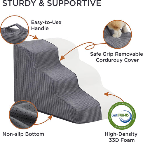 Lesure Dog Stairs for Small Dogs, 3 Steps Ramp for Bed and Couch, CertiPUR-US Certified Foam, Non-Slip Bottom for Old