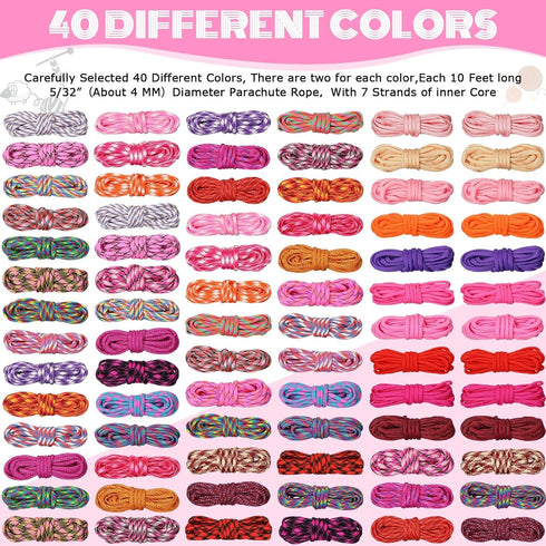 80 550, 10ft Riakrum Pcs Paracord Each Multifunction Paracord Ropes Combo Crafting Kits with Drawstring Bag for Making