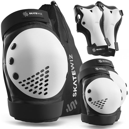 SKATEWIZ Knee Pads for Skating - Adult Knee and Elbow Pads Set for Women, Size L/XL in Black White