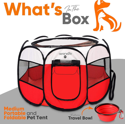 8-Panel SereneLife On-The-Go Foldable Portable Pet Tent Playpen for Dog & Cat w/Food/Water Bowl, Mesh Exercise Puppy