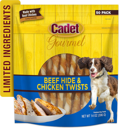 5-Inch 50 Count Cadet Gourmet Beef Hide Twist Chew Sticks, Long-Lasting and Natural Rawhide Chews for Dogs, Inspected