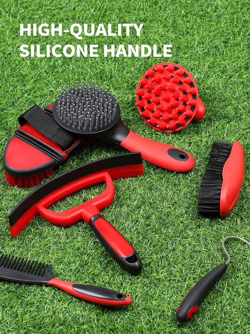 9-Piece Set Harrison Howard Horse Grooming Kit, with Non-Slip Silicone Grip for Bathing, Shedding & Hoof Care Red