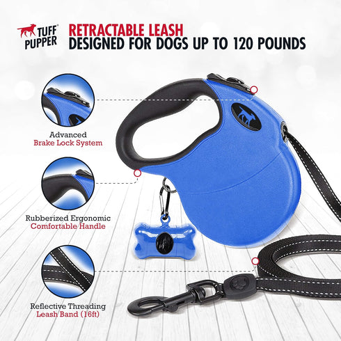 Tuff Pupper Heavy Duty Retractable Dog Leash, 16 ft with Reflective Stitching for Nighttime Safety