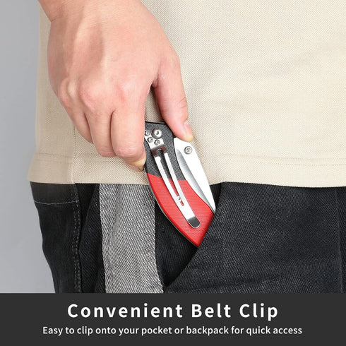 Folding Pocket Knife with 3" 8CR13MOV Blade, Black and Red G10 Handle, Safety Liner Lock for Outdoor Gear
