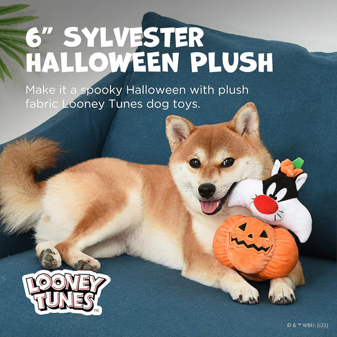 Looney Tunes for Pets Sylvester The Cat Plush Dog Toy, Halloween Pumpkin Head, 6 Inch Squeaky Chew Toy for Small Dogs