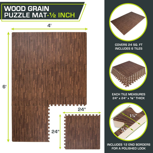 '-inch, 6 (24 ProsourceFit Wood Grain Puzzle Mat EVA Foam Interlocking Floor Tiles Sq Ft) for Secure Indoor Room Workout