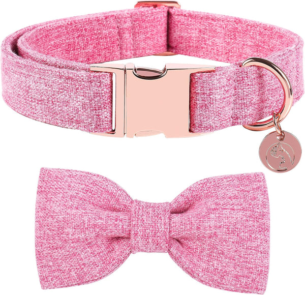 DOGWONG Hemp Cotton Dog Collar with Bow, Durable Adjustable Pink Collar for Small, Medium, Large Dogs