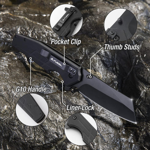 FLISSA Pocket Knife with 3.5" Folding Stonewash Blade and G10 Handle for Outdoor, Survival, Hunting