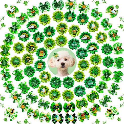 80pcs St.Patrick's Day Dog Hair Bows, Holiday Small Pet Grooming Bows with Rubber Bands, Green Clover Accessories
