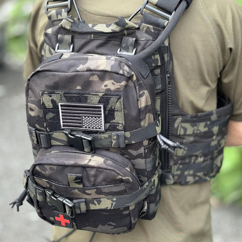 Tactical Mini Molle Hydration Pack, Outdoor Carrier with IFAK Pouch, US Flag, Med Patch, Hydropack for 2L Bladder