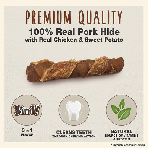6 Count (Pack 2) Cadet Gourmet Triple Chews Long-Lasting Pork Hide Sticks with Sweet Potato and Chicken, Healthy Dog