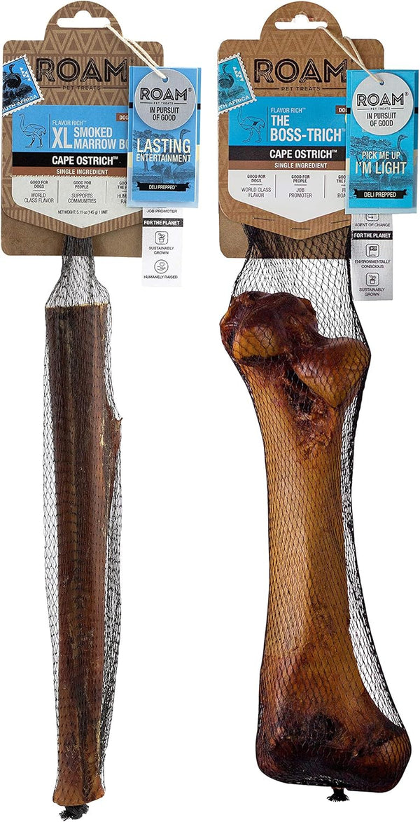 ROAM Pet Treats Boss-trich and XL Marrow Bone Pack of 2 for Large Dogs - Long Lasting Ostrich Dog Bones
