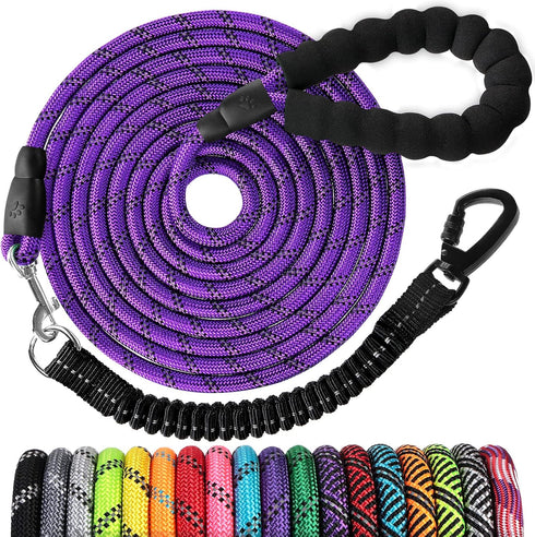 Long Dog Leash, 50 FT, Heavy Duty Rope Leash for Training, Swivel Lockable Hook, Reflective Threads, Bungee, Padded