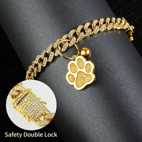 Hillban Cat Collar with Diamond Chain, Glitter Walking Metal Necklace with Secure Buckle for Small Cats (Gold, 10 Inch)