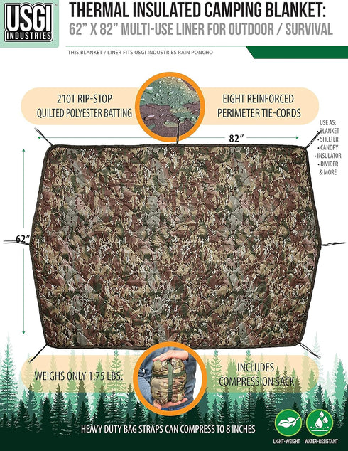 USGI Industries Military Woobie Blanket, Thermal Insulated Camping Blanket, Water-Resistant, Portable with Carry Bag