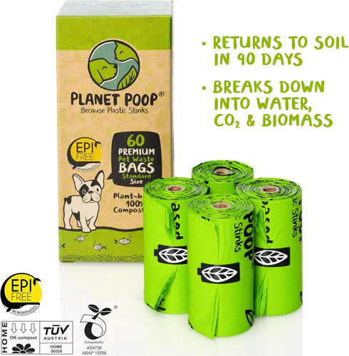 PLANET POOP 60 Un-Scented Home Compostable Dog Poop Bags on Refill Rolls, Thick Leakproof Plant-Based Supplies