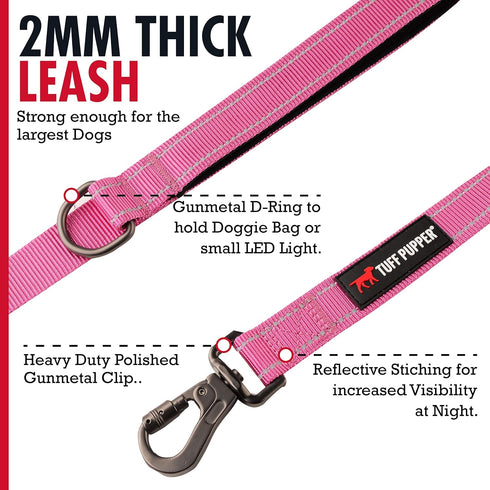 Tuff Pupper Heavy Duty Double Handle Dog Leash - 6 Foot Reflective with Twist Locking Carabiner for Strong Dogs