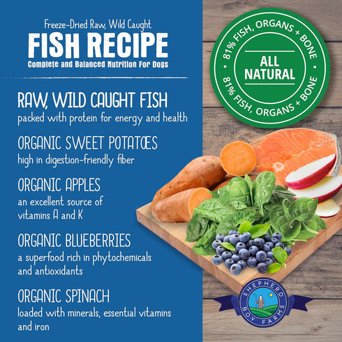 Freeze Dried Dog Food, Fish Medley Recipe, All Natural Raw Dog Food, 14oz Bag, Made in USA
