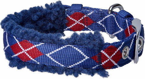Blueberry Pet Soft Padded Dog Collar, Royal Blue Scottish Argyle Fleece for Small Dogs, Adjustable Neck 9-12.5"