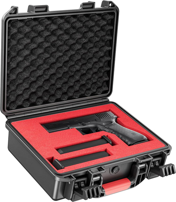 TSA Approved Gun Case, Hard Shell Waterproof & Foam Shock Proof, 11”*9.4”*4.5” Travel Case for 9mm Pistol