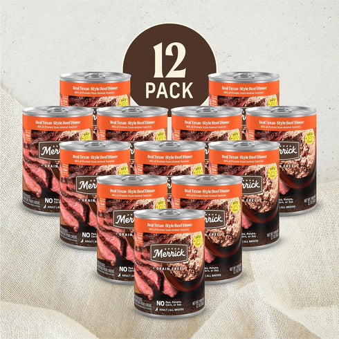 (Pack 12) 12.7 oz. Merrick Grain Free Premium And Natural Canned Dog Food, Soft And Healthy Wet Recipe, Real Texas Beef