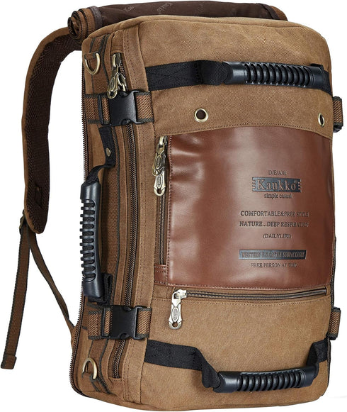 KAUKKO Outdoor Travel Men Backpack, Hiking Camping Canvas Rucksack, Canvas Khaki