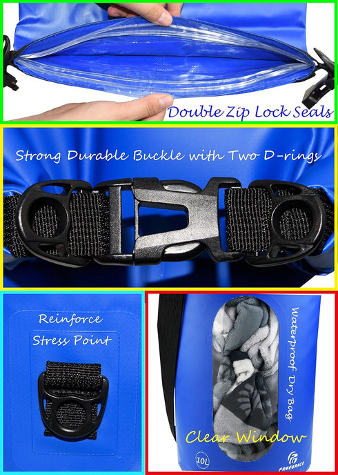 Waterproof Dry Bags Set of 3 with 2 Zip Lock Seals, Detachable Shoulder Strap, Waist Pouch & Phone Case - Navy Blue