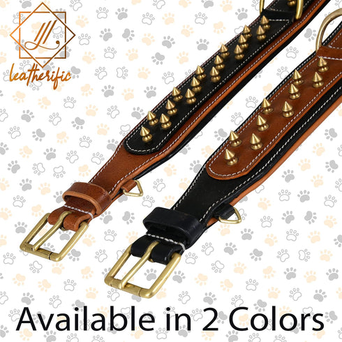 Spike Dog Collar | Spiky Series | Premium Genuine Bridle Leather, Heavy Duty, Padded for Medium, Large, XL Breeds