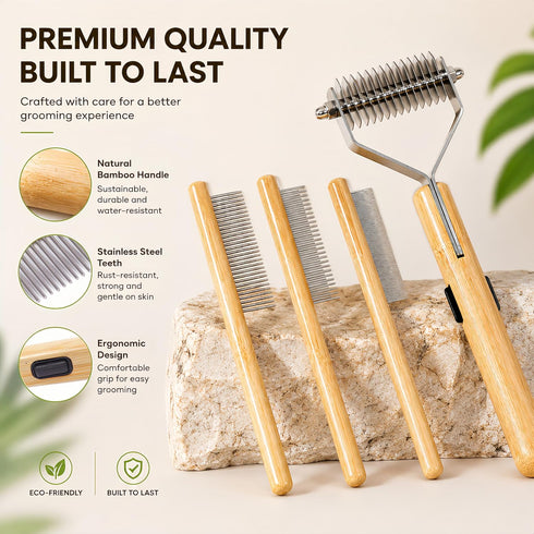 Juyoolumin 4-in-1 Set Bamboo Pet Grooming Kit for Medium to Long Haired Dogs & Cats, Dematting Comb with Undercoat