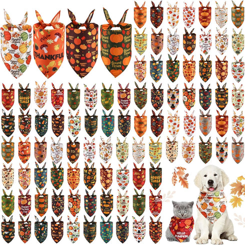 Huhumy 100 Pcs Thanksgiving Fall Dog Bandanas Bulk Autumn Pet Scarf Triangle Dog