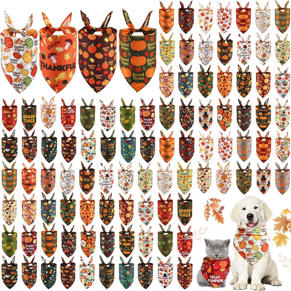 Huhumy 100 Pcs Thanksgiving Fall Dog Bandanas Bulk Autumn Pet Scarf Triangle Dog
