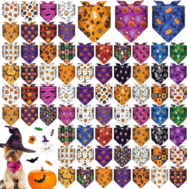 Sanwuta 72 Pcs Halloween Dog Bandana Bulk Washable Puppy Triangle Scarfs Halloween