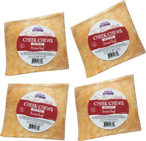 Health Extension Cheek Chews Dog Treat, Non-GMO, Rawhide Free, Durable Chew for All Life Stages, Braised Beef, Case of 4