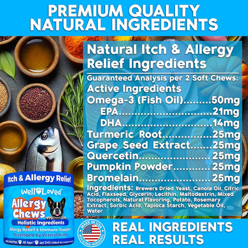 120 Well Loved Dog Allergy Chews - Dog Allergy Relief, Itching Skin Relief, Hot Spot Treatment & Seasonal Allergies