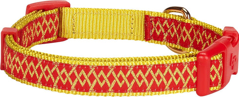 Blueberry Pet Adjustable Dog Collar, Gold Metallic Thread Zigzag, True Red, Small, Neck 12"-16"