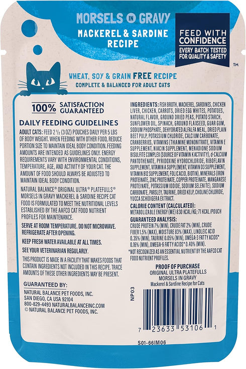 Natural Balance Original Ultra Platefulls Indoor Adult Grain Free Wet Cat Food, Mackerel & Sardine Recipe, 3 oz Pouch