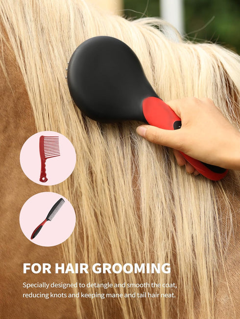 9-Piece Set Harrison Howard Horse Grooming Kit, with Non-Slip Silicone Grip for Bathing, Shedding & Hoof Care Red