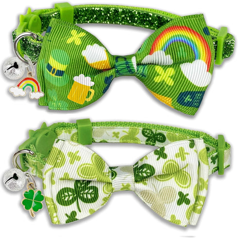 Pohshido 2 Pack St. Patrick's Cat Collar with Bow Tie and Bell, Breakaway Lucky Irish Shamrock Collar for Male and