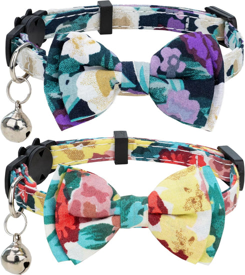 Cat Pet Breakaway Collar with Bell, Bowtie Detachable Bow Adjustable Safety for Kitten Puppy 2pcs Yellow & Purple Oil