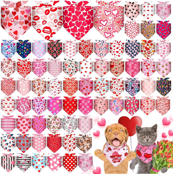 Reginary 72 Packs Valentines Day Dog Bandanas Heart Adjustable Pet Bandanas Triangle