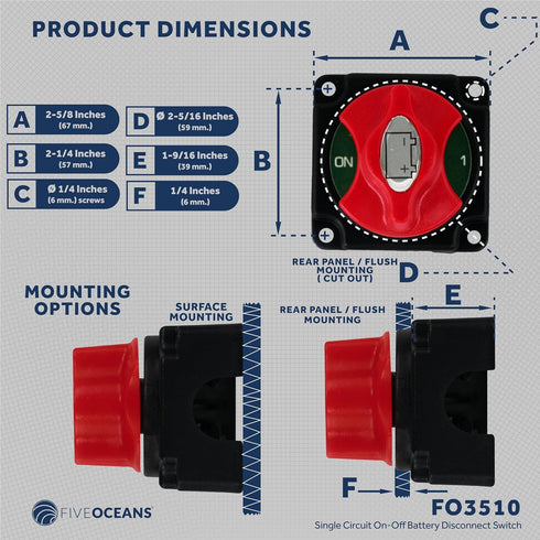 Five Oceans Marine Battery Disconnect Switch On-Off with Knob, 250 Amp Continuous, 12-24 Volts - FO3510
