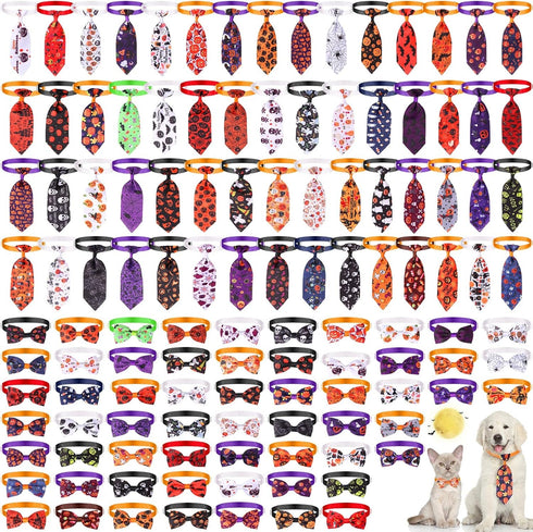 120 Pieces Halloween Pets Dog Bow Tie, Adjustable Dog Ties Collar for Dogs Cats, Pumpkin Grooming Accessories