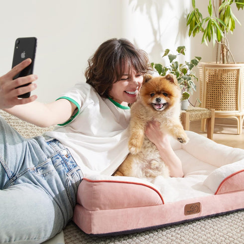 Bedsure Small Orthopedic Dog Bed, Washable Bolster Sofa Bed for Small Dogs, Supportive Foam, Pink, Waterproof Lining