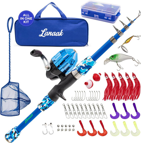 Kids Fishing Pole and Tackle Box, Rod and Reel Kit with Net, Travel Bag, Beginner’s Guide