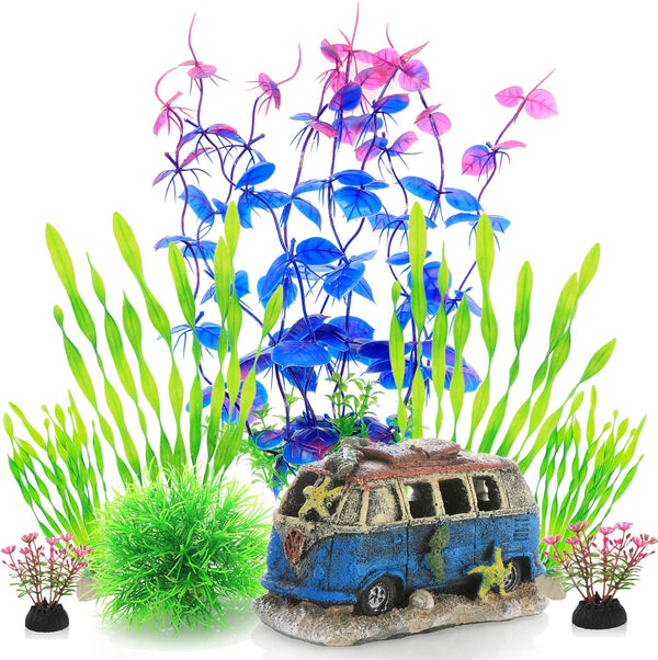 ALEGI Fish Tank Decorations with Resin Cave Rock View, Purple Set of Plastic Plants and Hideout Ornaments
