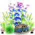 ALEGI Fish Tank Decorations with Resin Cave Rock View, Purple Set of Plastic Plants and Hideout Ornaments
