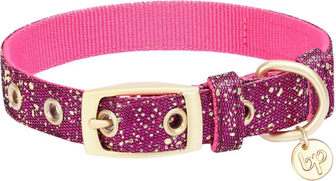 Blueberry Pet Adjustable Dog Collar in Cerise Pink, Glam Life Gold Stamping Lace, Neck 7.5-10", for Small Breed